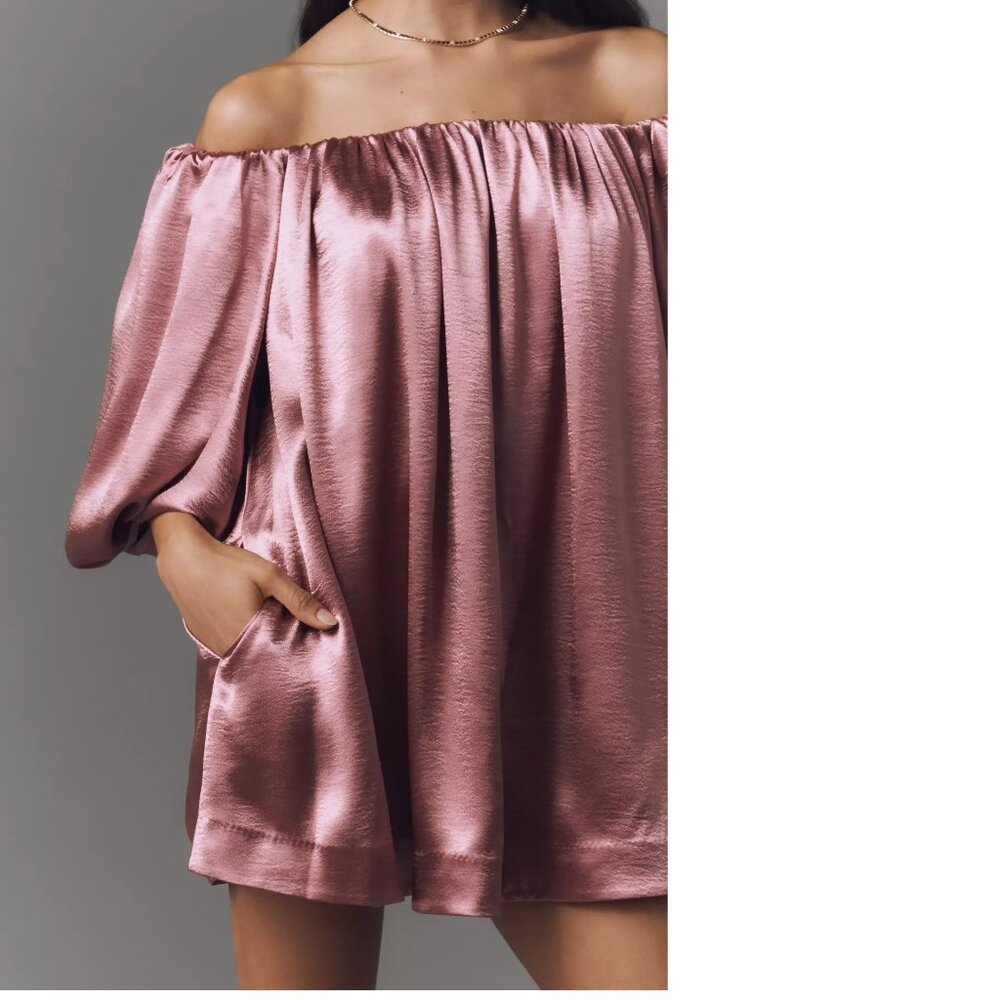 Anthropologie Mare Mare Off-The-Shoulder Puff-Sleeve Shine Mini Dress MP PM new - Picture 2 of 7